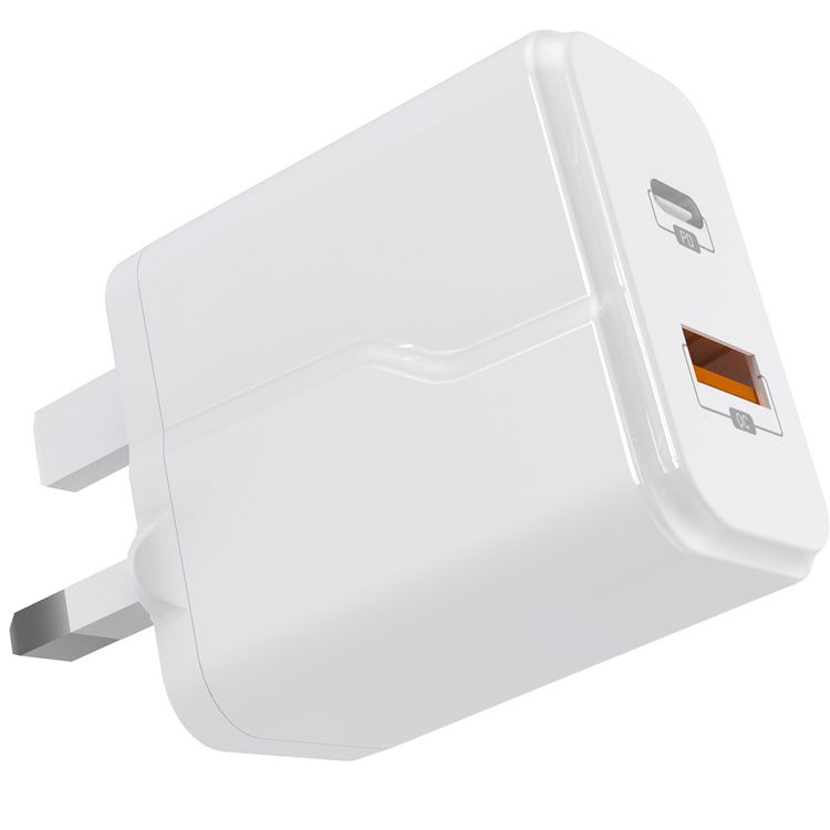 Porodo Dual Port Wall Charger with 20W Power Delivery, QC 18W, Fire Retardant Material, Overcurrent Protection, UK 3-Pin Plug, Built-in Protective Mechanisms - White