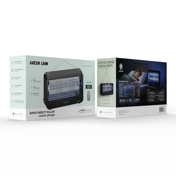 Green Lion Barq Insect Killer with 3500V High Voltage, 20W Power, 100m² Effective Coverage, 365nm UV Light, 360° Mosquito Trap, Protective Safety Grille, Easy-Clean Tray, Timed Auto Shut-Off, Low-Noise Operation, Long-Lasting UV Lamp, Tabletop or Hanging Use - Black