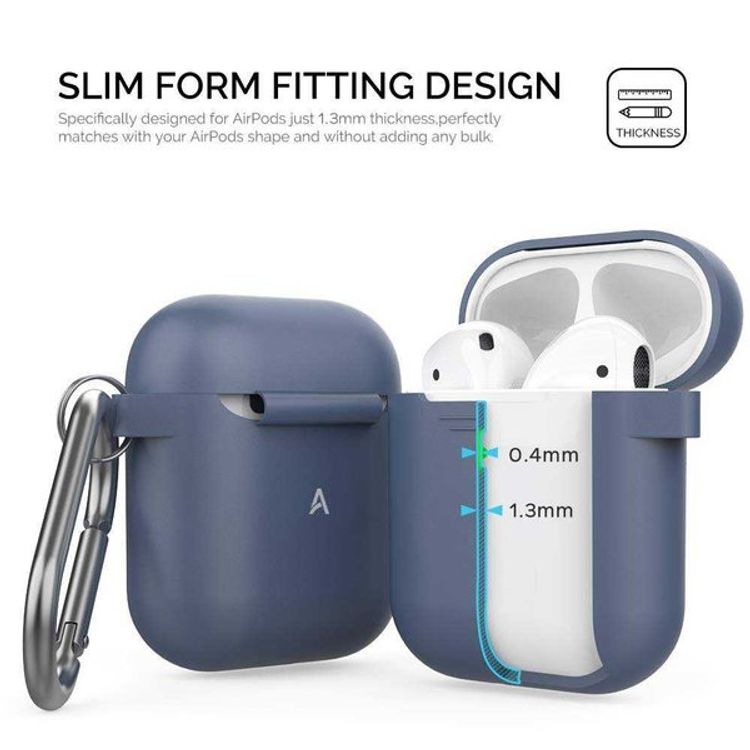 AhaStyle Keychain Silicone Case with Anti-Lost Ring for AirPods 1/2 Generation, Drop Resistant, Dustproof and Absorbing Protective Cover with Hang Case Navy Blue
