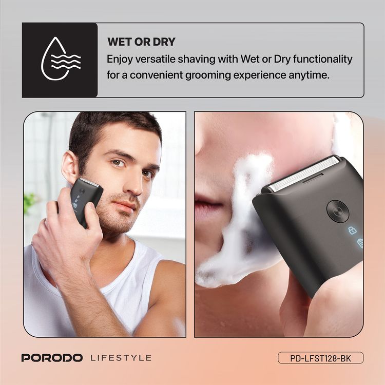Porodo Lifestyle Dual-Blade Pocket Shaver with Travel Lock, Dual-Blade, Digital Display, Type-C Charging, 600mAh Battery, 8000RPM Motor Speed, Lightweight & Portable - Black