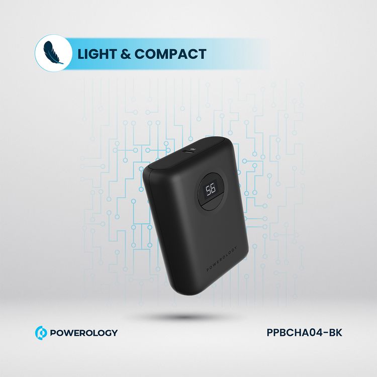 Powerology Ultra-Compact PD 10000mAh Power Bank with Digital Display, 20W Power Delivery, USB-A QC 18W, 0%-60% Charge in 35 Minutes, PowerDash 3.0, Lithium-ion Battery, Lightweight & Compact - Black