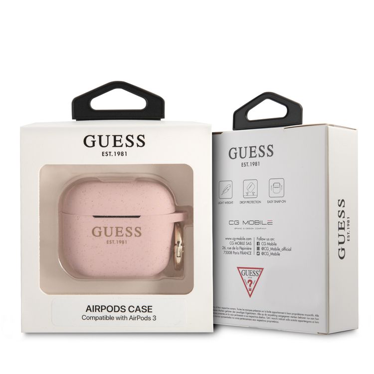CG MOBILE Guess Silicone Glitter Case with Ring Compatible for AirPods 3, Scratch & Drop Resistant, Dustproof & Absorbing Protective Silicone Cover