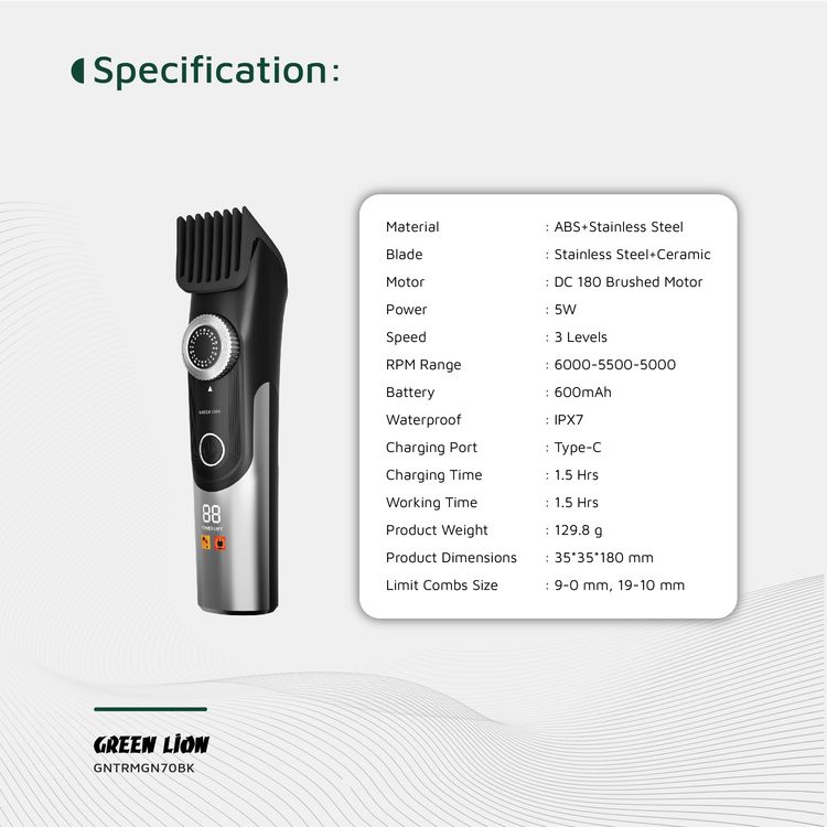 Green Lion Trim Gen"70 Body Hair Trimmer with 3 Speed Levels, LED Status Indicator, Corded & Cordless Use, Charging Base, 1.5 Hours Working Time, 6000RPM Motor - Black