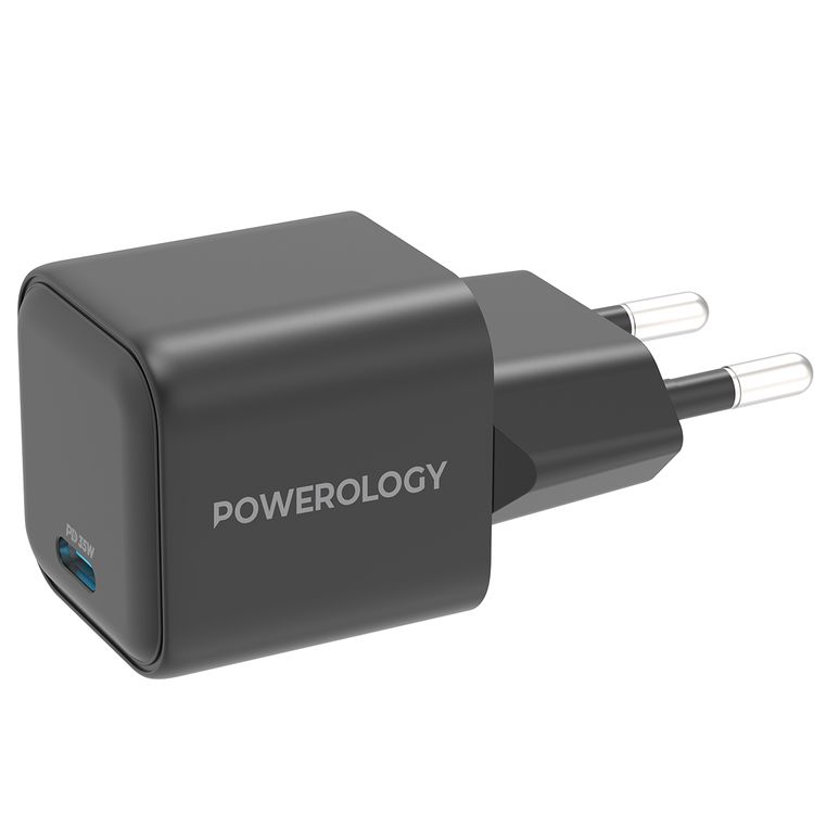 شاحن Powerology 35W Ultra-Quick GaN مع قابس الاتحاد الأوروبي، منفذ إخراج USB-C، شحن سريع، تصميم محمول ومضغوط، حماية مدمجة، مدخل 100-240 فولت - أسود