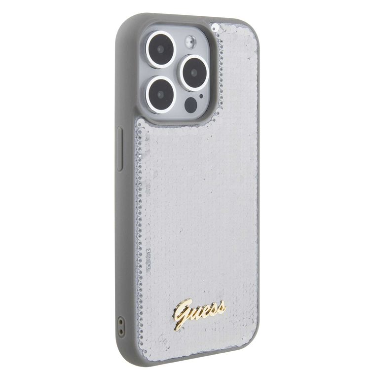 Guess Sequin Script Case with Guess Metal Logo - Silver - iPhone 15 Pro