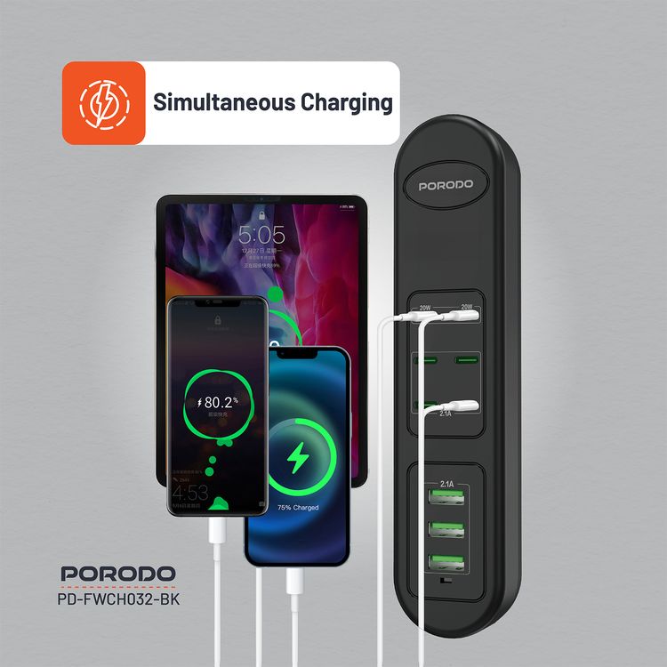 Porodo 50W Multi-Port USB Charging Hub with 20W Power Delivery, Simultaneous Charging, 2m Cable Length, Fast Charging Support, Built-in Safeguards - Black