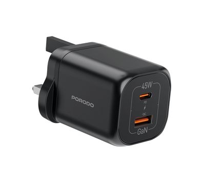 Porodo Dual-Port Quick Wall Charger with 45W Power Delivery, 0.5A Maximum Rated Current, Built-in Safeguards, 3-Pin UK Plug, Simultaneous Charging, GaN Technology - Black