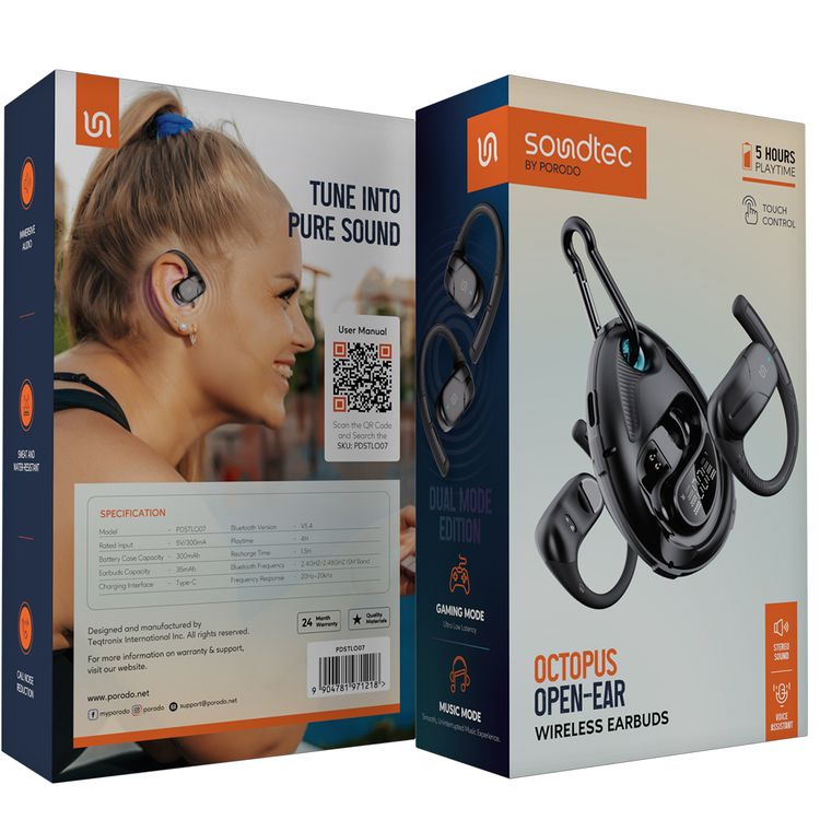 Porodo Octopus Open-Ear Wireless Earbuds with Touch Control, 300mAh Charging Case & 35mAh Earbuds Battery, 5 Hours Play Time, Sweat & Water Resistant, Gaming & Music Mode, Voice Assistant, Ultra Low Latency - Black