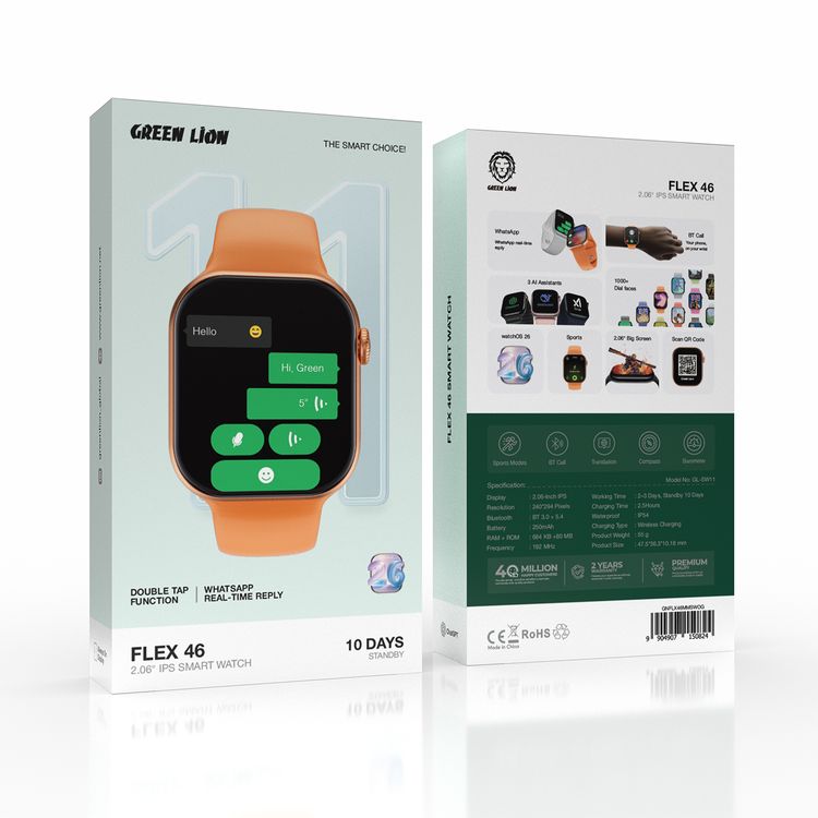 Green Lion Flex 46، ساعة ذكية بشاشة IPS بحجم 2.06 بوصة، وظيفة النقر المزدوج، الرد الفوري على WhatsApp، وضع استعداد لمدة 10 أيام، عرض دائم التشغيل، 3 مساعدات ذكية، وضع رياضي، مكالمات بلوتوث، ترجمة، بوصلة، بارومتر، بطارية 250mAh، ساعة ذكية مقاومة للماء بمعيار IP54 - برتقالي