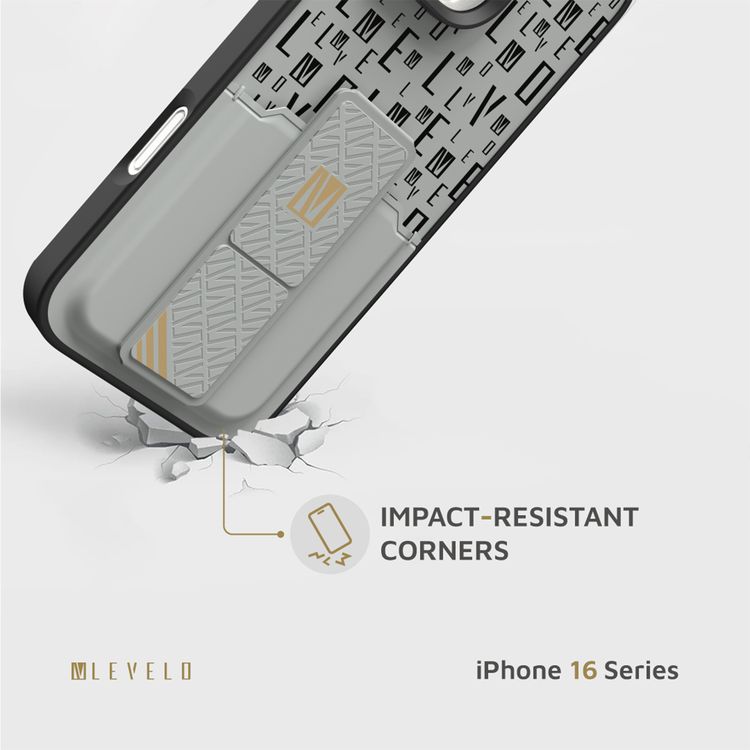 حافظة Levelo Morphix Gripstand مع حامل بطاقات لهاتف iPhone 16 Pro، حامل بطاقات مدمج، زوايا مقاومة للصدمات، ملمس نحيف بدون غطاء، حافة كاميرا مرتفعة، مادة فائقة المتانة