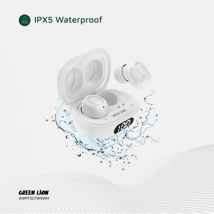 Green Lion Mittersill True Wireless Earbuds with ENC, Up to 6 Hours Playtime, IPX5 Waterproof Resistance Level, Bluetooth Version 5.4, Up to 10m Transmission Range, Type-C Charging Port, Dual-Microphone, Strap Included - White