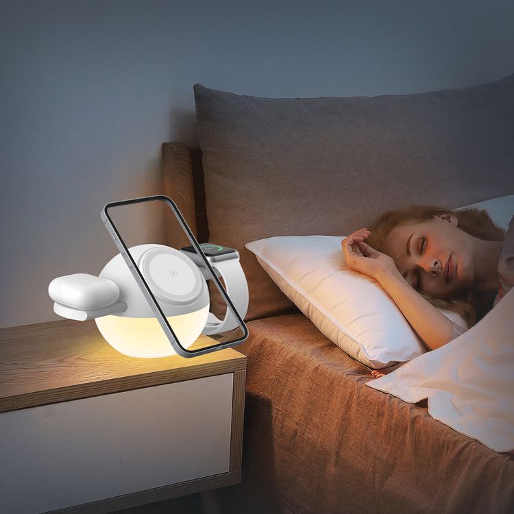 Porodo Orbix 3-in-1 Wireless Charger with Adjustable Ambient Light, 3-8mm Charging Distance, 15W Wireless Fast Charging, 5W Earbuds Output, 2.5W Watch Output, Type-C Charging Interface, Secure Magnetic Dock - White