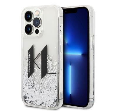 جراب كارل لاغرفيلد السائل اللامع لجهاز 14 برو، شعار KL كبير، حماية من السقوط والصدمات، مضاد للخدش، مصنوع من السيليكون، تصميم رفيع، سهل التركيب - فضي