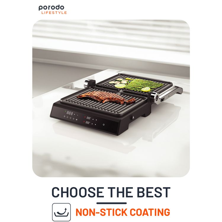 Porodo Lifestyle Glasstop Digital Grill with Removable Grill Plate, 5 Preset Options, 180° Flat Open & 105° Adjustable Lid, 90°C to 230°C Temperature Control - Black