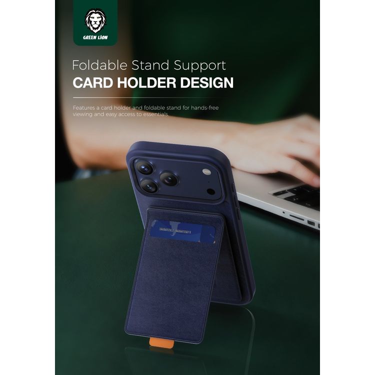 Green Lion Regal MagSafe Leather Case with Card Holder for iPhone 17 Pro Max, Anti-Fingerprint, Foldable Stand, Camera Protection, Comfortable Grip, Anti-Scratch, Shock Absorption - Blue