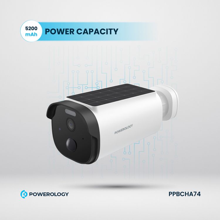 Powerology Built-in Solar Outdoor Camera, 5200mAh Battery Capacity, 3 to 9m PIR Range, 2304×1269P Resolution, 1.5W Solar Panel - White