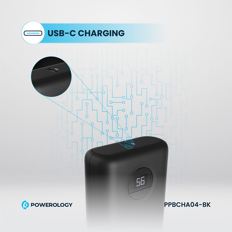 Powerology Ultra-Compact PD 10000mAh Power Bank with Digital Display, 20W Power Delivery, USB-A QC 18W, 0%-60% Charge in 35 Minutes, PowerDash 3.0, Lithium-ion Battery, Lightweight & Compact - Black