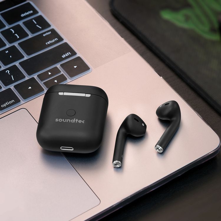 Porodo Soundtec Wireless Earbuds with Touch Control, Optical Sensors, Auto-pairing, Excellent Tone Quality, Siri Access, Wireless Charging Support, Bluetooth Version 5 - Black