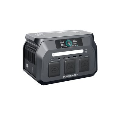 Powerology 800W Portable Power Station with Flashlight, PD 100W, Carryin-Handle, Solar Charger, 1.2 Hours Fast Charging Time, ×3 USB-C, ×2 USB-A, Car Port, ×2 AC Outlet & DC Ports, Easy-Access Storage, Smart LCD Screen - Black