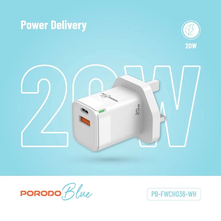 Porodo Blue Ultra-Quick Charger with USB-A & USB-C Ports, 20W, 3A Output Current, 5V Output Voltage, Multi-Device Charging, Fast Charge Support, Over Charge Protection, Overheat Protection - White