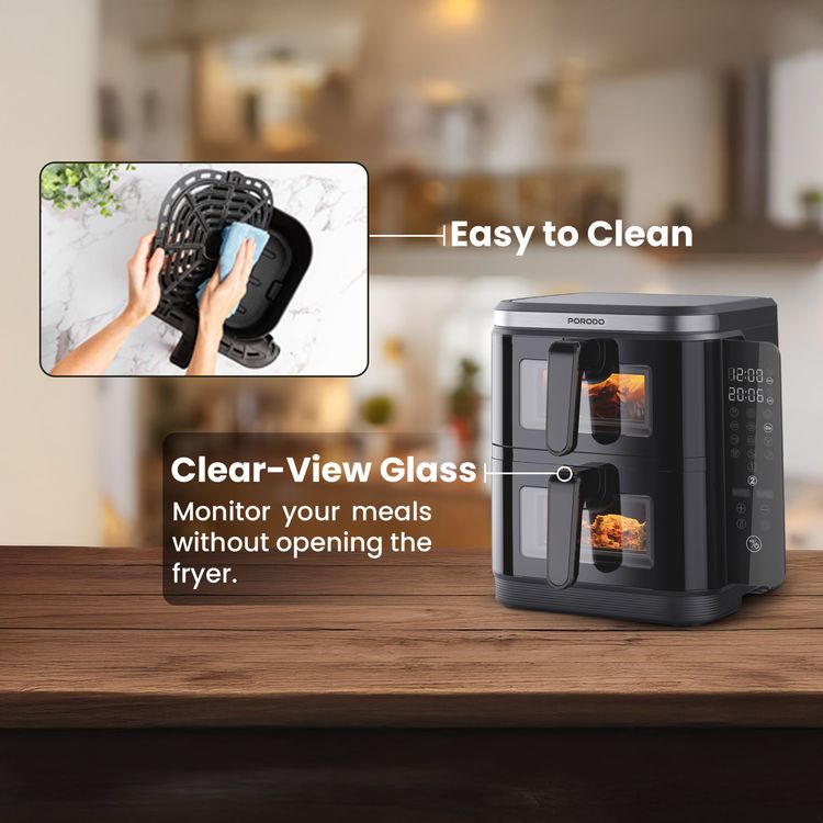 Porodo Lifestyle Double Stack Air Fryer, 11L Capacity, 2800W Power, 220-240V Voltage, 50-60Hz Frequency, 12 Presets, Touch Control - Black