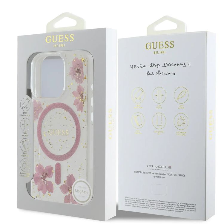 Guess MagSafe Hard Case with Resin Flowers Design for iPhone 16 Pro, Drop protection, Comfortable Grip - Pink