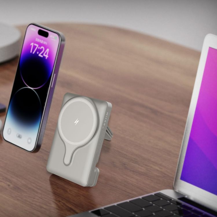 Powerology Car Mount 5000mAh Power Bank with Magnetic Wireless Charger, MagSafe Charging, PD 20W Fast Charge, Folding Air-Vent Clip, LED Indicator, Built-In Type-C Cable, Lightweight & Portable - Titanium