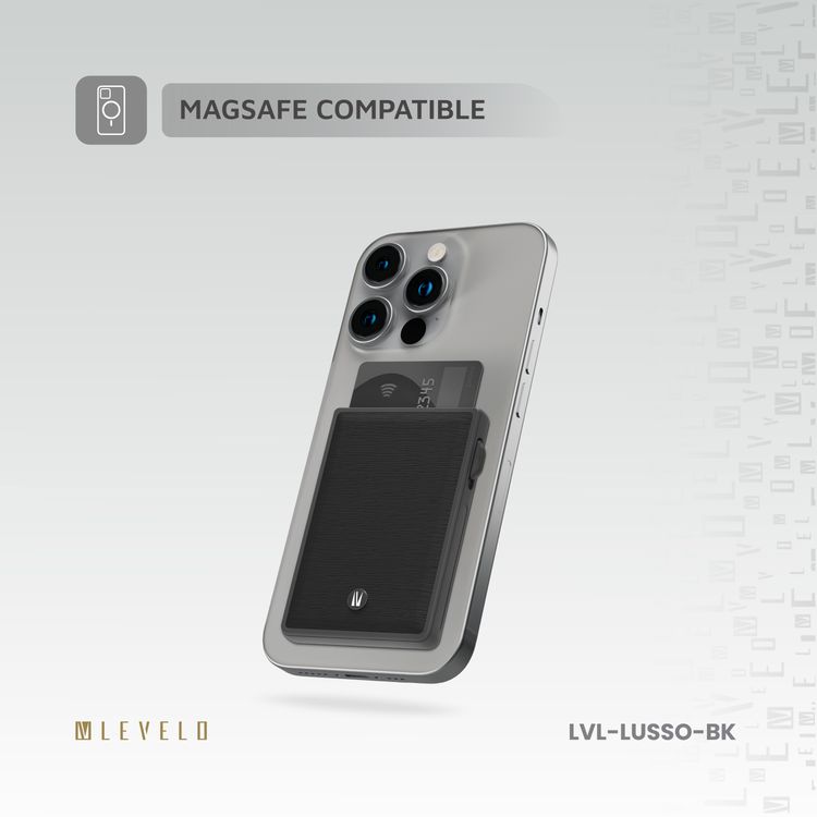 حامل بطاقات Levelo Lusso MagSafe مع مغناطيس MagSafe قوي، جلد PU سافيانو، 3 فتحات للبطاقات، زر منبثق للبطاقات - أسود