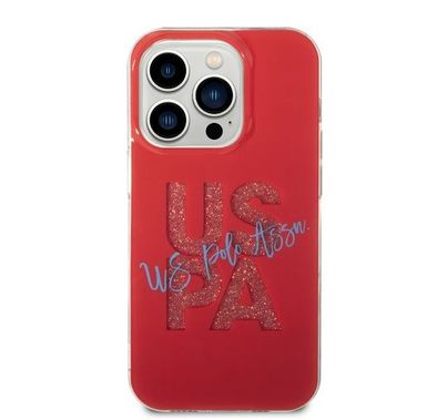 U.S. Polo Glitter Script Card Case iPhone 14 Pro Max - Red
