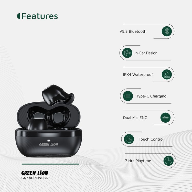 Green Lion Kaprun True Wireless Earbuds with Environmental Noise Cancellation, Up to 7 Hours of Playtime, 5.3 Bluetooth Version, IPX4 Waterproof, In-Ear Design - Black