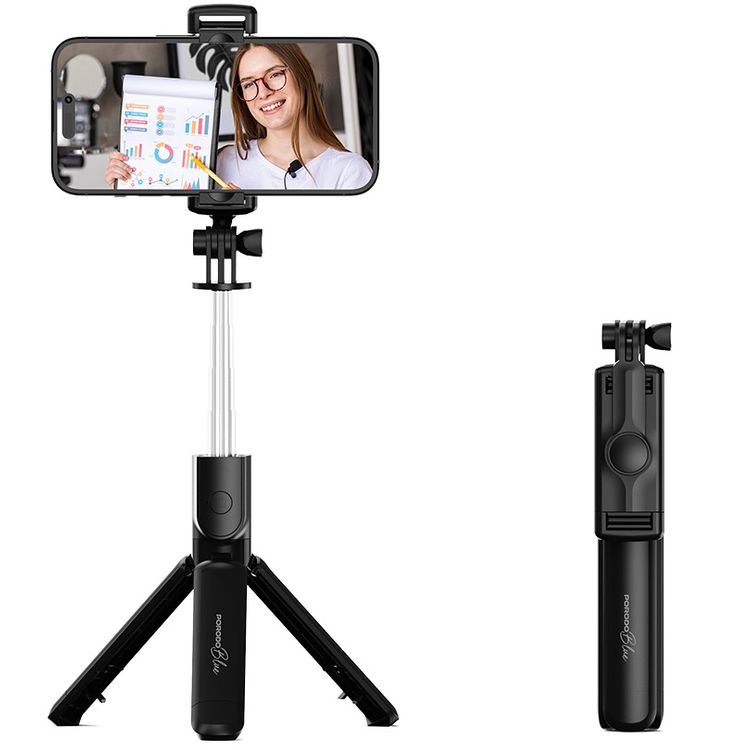 Porodo Blue FlexiTripod Selfie Stick with Foldable Tripod, Wireless Remote Shutter, 360° Rotation, 4.0 Bluetooth Version, 10m Wireless Range, Stainless Steel Material - Black