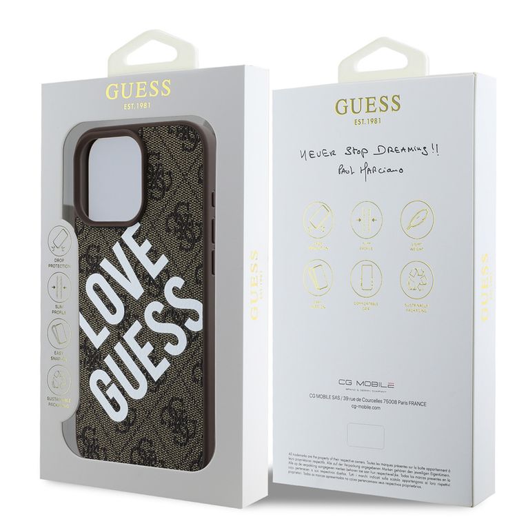 Guess PU 4G Hard Case with Big Love Guess Logo For iPhone 16 Pro, High Quality Material, Lightweight, Easy Snap-on - Brown