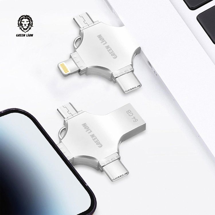 Green Lion 4-in-1 USB Flash Drive 64GB with High Speed Data Transfer, USB-A, USB-C, Micro USB & Lightning Connectors - Silver
