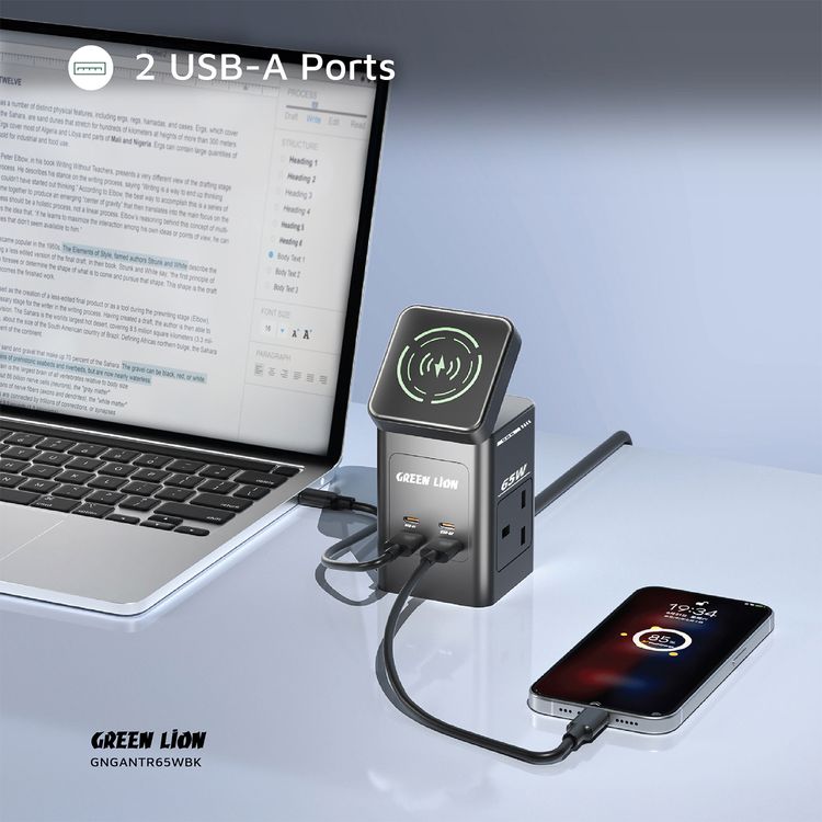 Green Lion GaN 65W Multi-Port Travel Adapter with 8-in-1 Station, ABS & PC Material, 2× AC Sockets, 2× USB-C & 2× USB-A Ports, 80cm Retractable Cable, 2500W Max Power, MagSafe Compatible, GaN Technology, Wide Compatibility, Safety Shutters - Black
