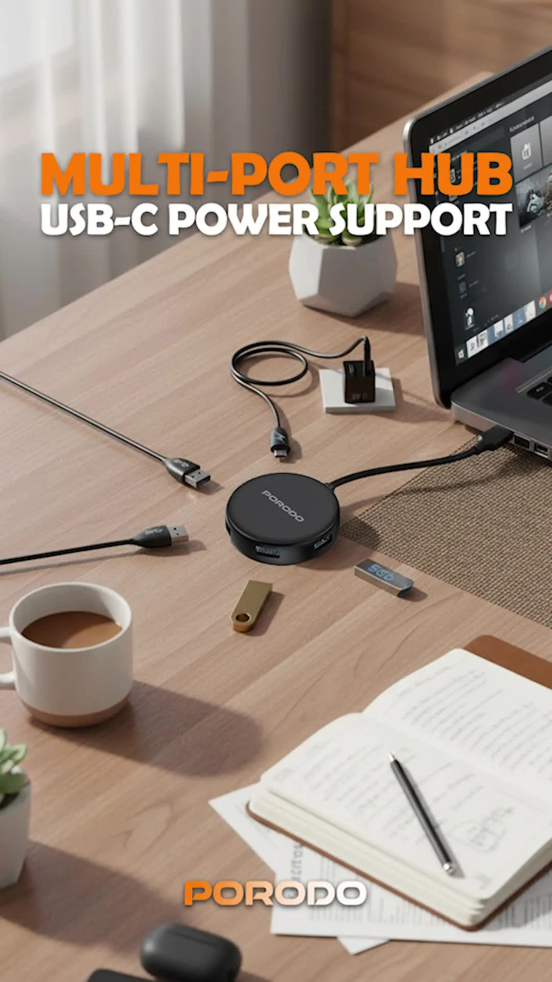 Porodo Multi-Port Hub with USB-C Power Support, Broad Compatibility, ×4 USB 3.0 Ports,  Plug & Play, Compact & Lightweight - Black
