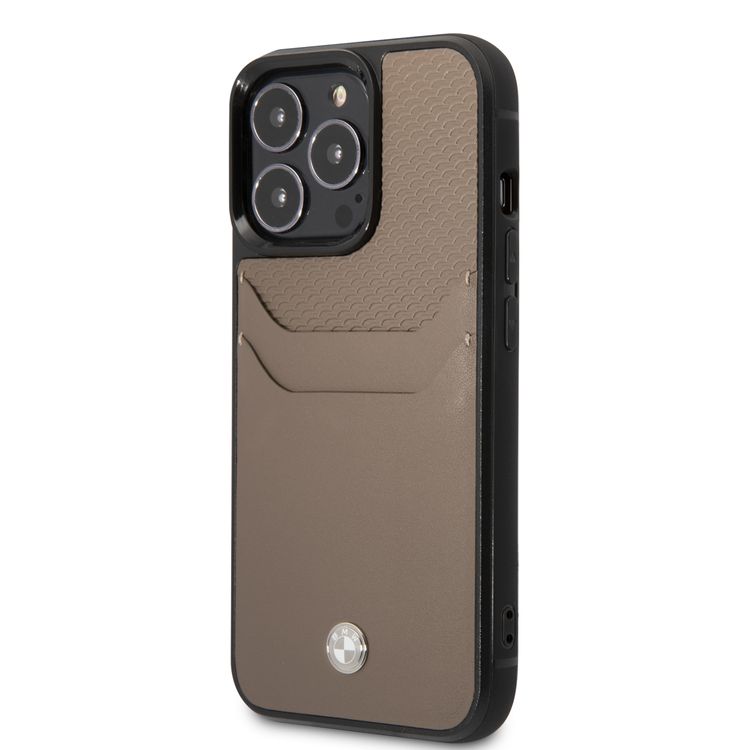 BMW Signature Collection Genuine Leather Case With Cardslot Embossed Pattern - iPhone 14 Pro Max - Taupe