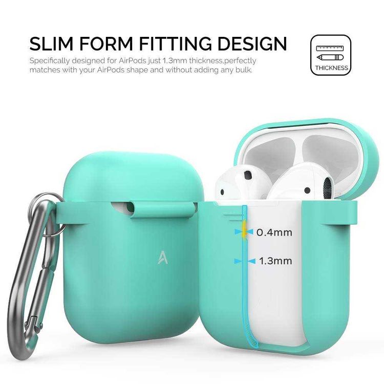 AhaStyle Keychain Silicone Case with Anti-Lost Ring for AirPods 1/2 Generation, Drop Resistant, Dustproof and Absorbing Protective Cover with Hang Case Mint Green
