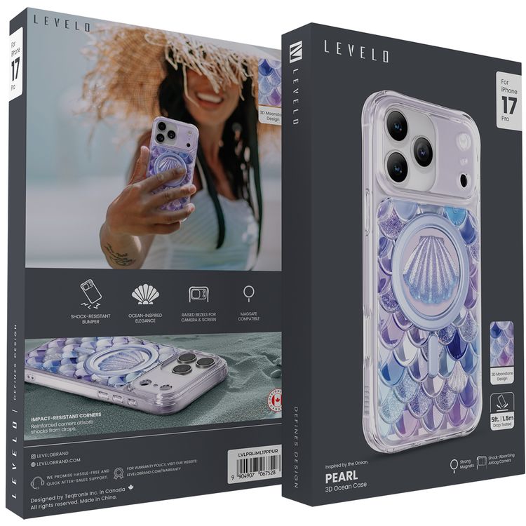 حافظة Levelo Pearl 3D Ocean لهاتف iPhone 17 Pro، تصميم حجر القمر ثلاثي الأبعاد، متوافقة مع MagSafe ومزودة بمغناطيسات قوية، إطارات مرتفعة لحماية الكاميرا والشاشة، مختبرة ضد الصدمات، زوايا ممتصة للصدمات بتقنية الوسادة الهوائية، بأناقة مستوحاة من المحيط - اللون الأرجواني