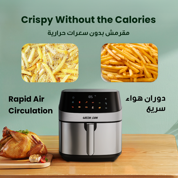 Green Lion Deluxe Air Fryer with LED Touch Screen, 8L Capacity, Up to 60 Minutes Frying Time, 10 Preset Programs, Rapid Air Circulation, 2200W Power, Non-Stick Coating - Black
