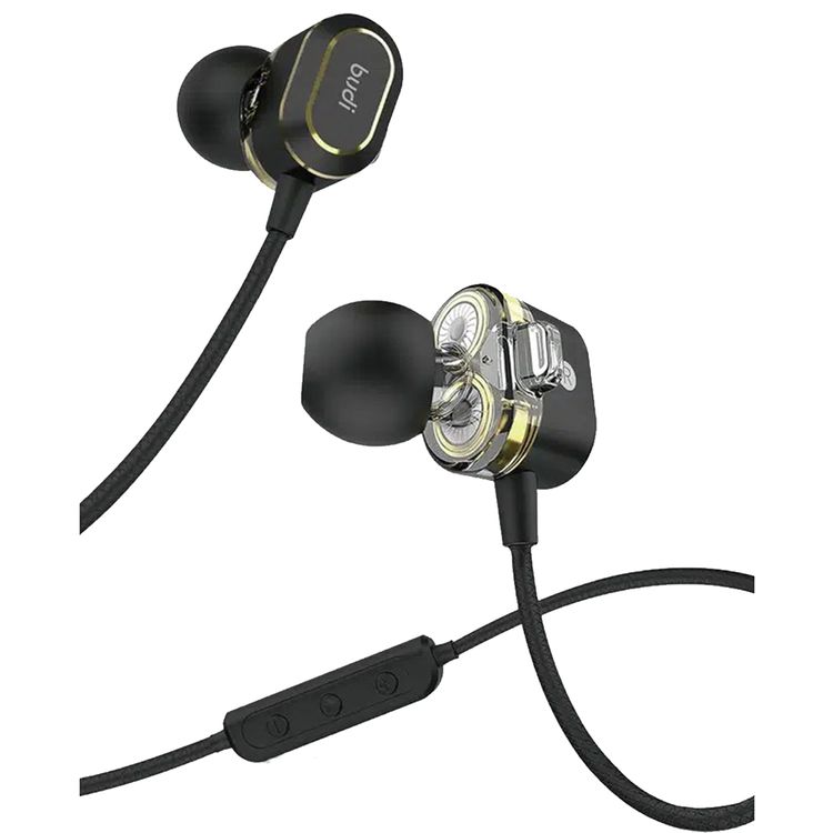 سماعات أذن لاسلكية Budi Stereo داخل الأذن مع أطراف أذن من السيليكون متعددة، صوت ستيريو عالي الوضوح، سماعات مغناطيسية لتخزين سهل، عمر بطارية يصل إلى 14 ساعة، نطاق لاسلكي يصل إلى 10 أمتار، محركات ثنائية الملف - أسود