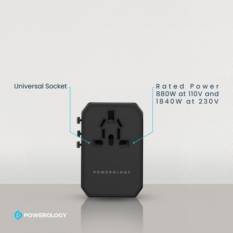 Powerology Universal Multi-Port Travel Charger with 45W Power Delivery, 8A Dual Fuse, Simultaneous Charging, Built-in Safeguards, Fast Charging, Active Protect - Black