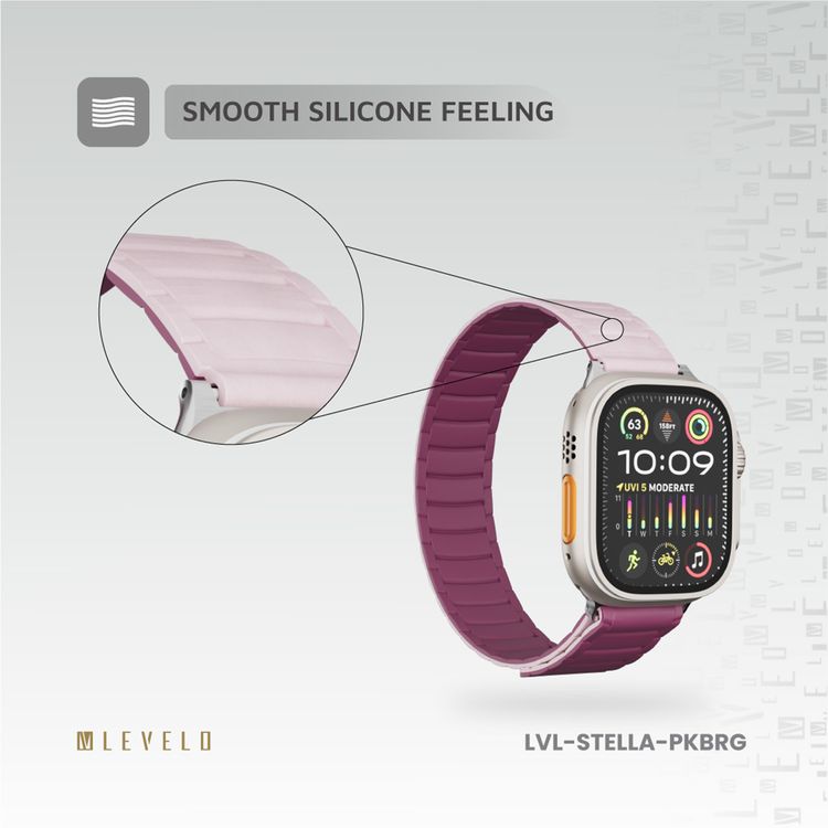 Levelo Stella Silicone Watch Strap with Magnets, Compatible with 49/46mm Smartwatches & Apple Watch SE, Series 9, 8, 7, 6, 5, Dual-Color Wearable, Hypoallergenic Material, Easy Snap-On, Sweat-Resistant, Water-Resistant - Pink / Burgundy