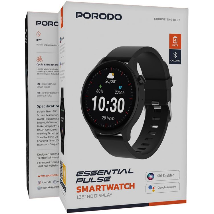 Porodo Essential Pulse Smart Watch with 1.38" HD Display, 128 Sport Modes, Bluetooth Version 5.4, 210mAh Battery Capacity, Up to 4 Days Working Time, Up to 12 Days Standby Time, 2.5 Hours Charging Time, Weather Forecast, Heart Rate, iOS 12 Above & Android 8.0 Above Compatibility - Black
