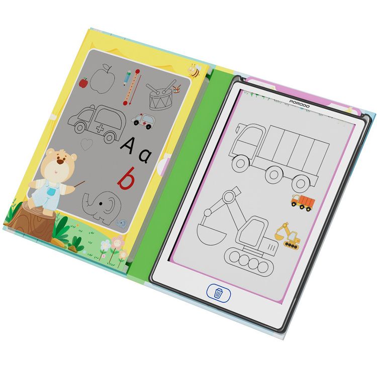 Porodo Kids LCD Writing Tablet with Copy Cards, 8.5" Transparent Screen, Erasing Button, One-Key Screen Lock - Black