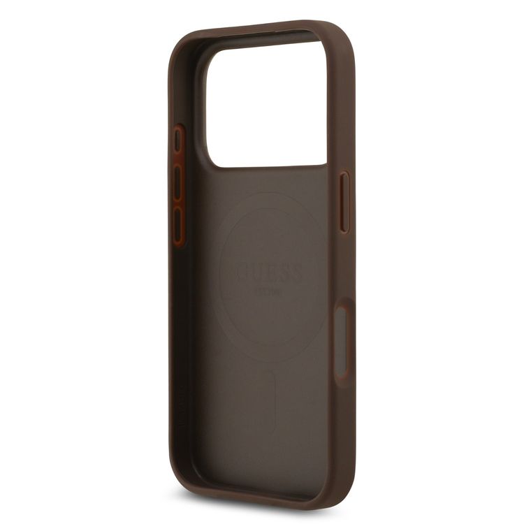 Guess MagSafe PU Leather Case with Classic Logo & Peony Hot Stamp Design for iPhone 17 Pro, Slim Profile, Easy Snap-On, Sustainable Packaging, Comfortable Grip, Drop Protection - Brown