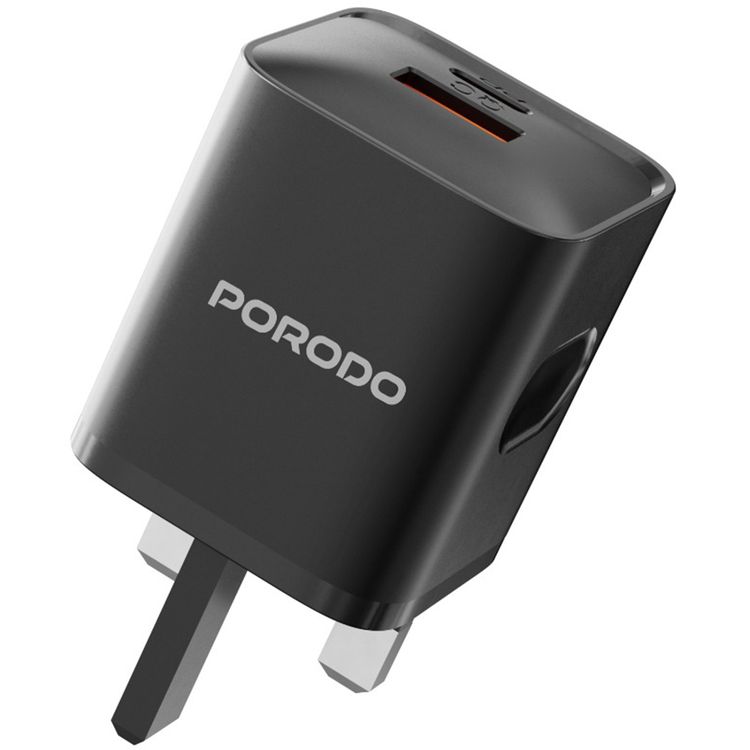شاحن حائط ثنائي المنفذ من Porodo في المملكة المتحدة مع كابل USB-C إلى USB-C، PD 20 وات، QC 20 وات، حماية من الحرارة الزائدة، طول الكابل 1.2