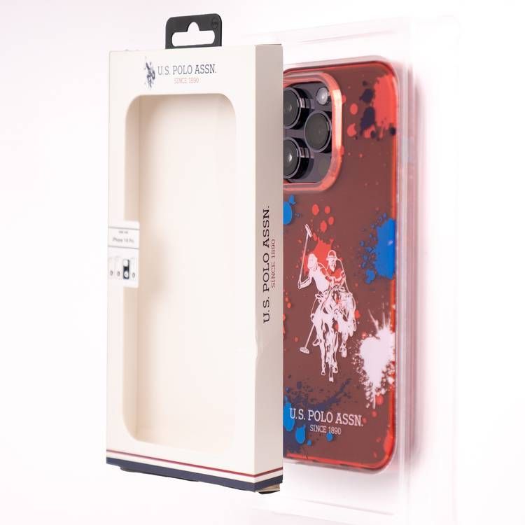 USPA PC/TPU Case with Splatter Pattern & Horse Logo iPhone 14 Pro Compatibility - Red