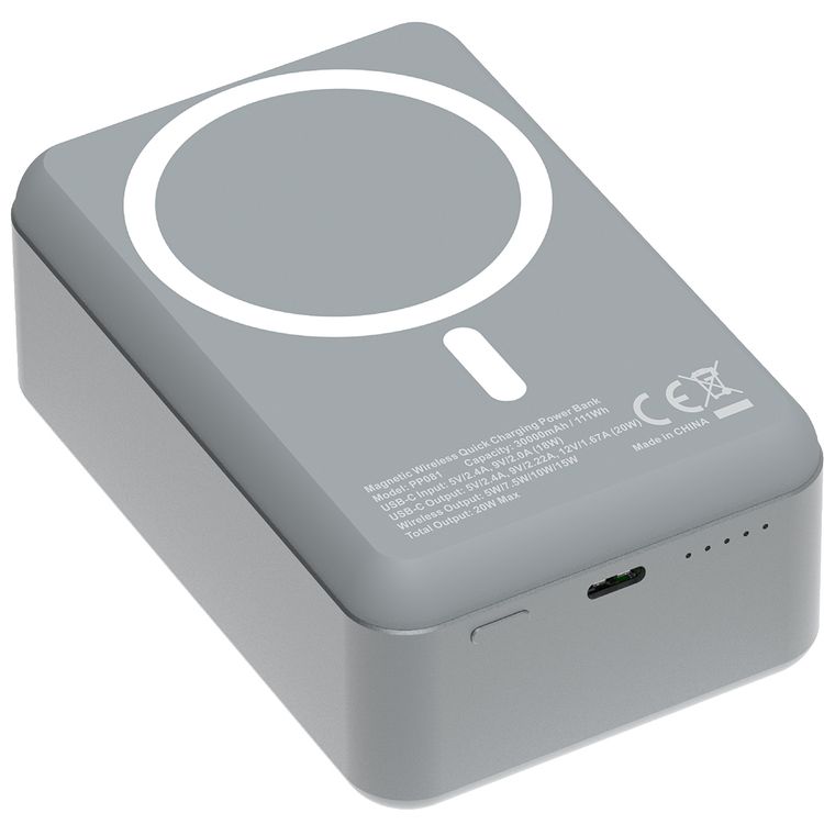Powerology 30000mAh MagSafe Aluminum Power Bank with 20W Power Delivery, 15W Wireless Output, Li-Polymer Battery, Simultaneous Charging, Compact Design - Dark Gray