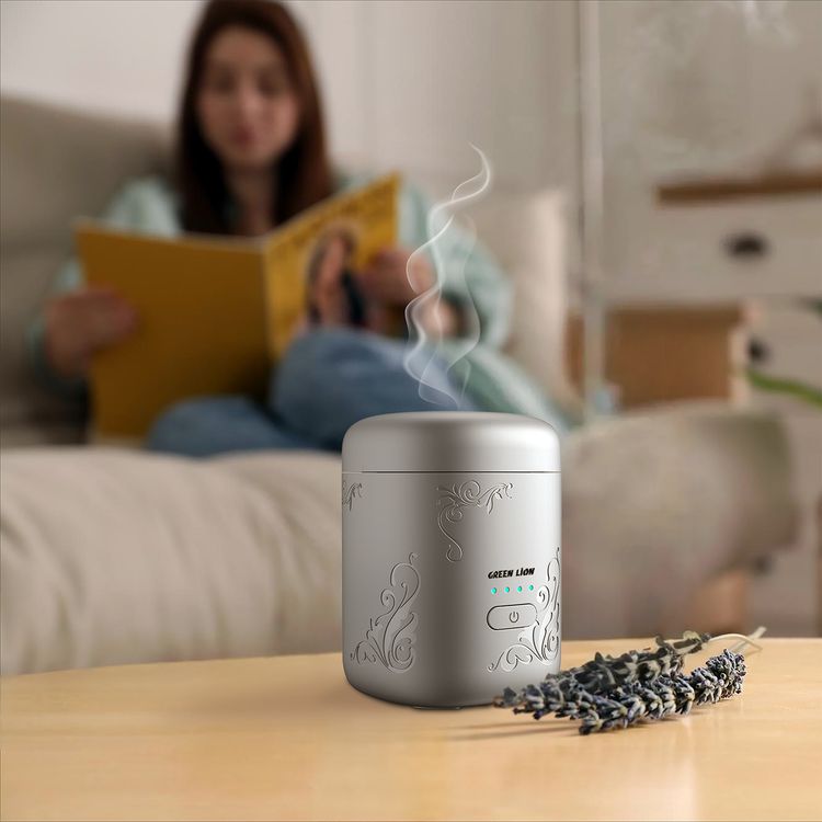 Green Lion Aseel Bakhour Burner with Aesthetic Appearance, 1400mAh Battery, 120 Seconds Single Burning Time, Auto-Off Function, Wide Area Coverage, LED Indicator, Safe & Non-Toxic - Silver