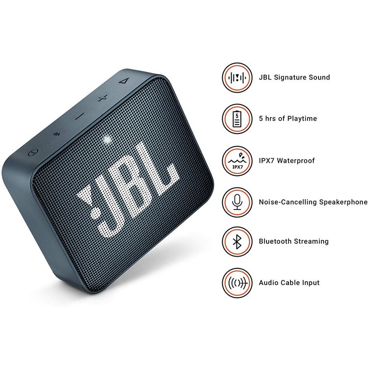 JBL GO 2 Portable Wireless Bluetooth Speaker, 5-hours Playtime, IP67 Waterproof Feature, Speaker Built-in Noise-Cancelling Speakerphone - Navy Blue